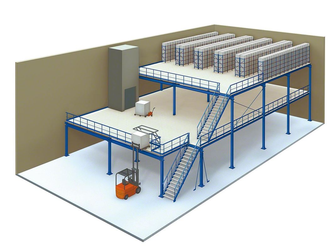 3 Levels Industrial Mezzanine Floors Blue Orange Platform Storage Systems